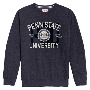 navy heather crew neck sweatshirt with Penn State University and Seal, PSU in background